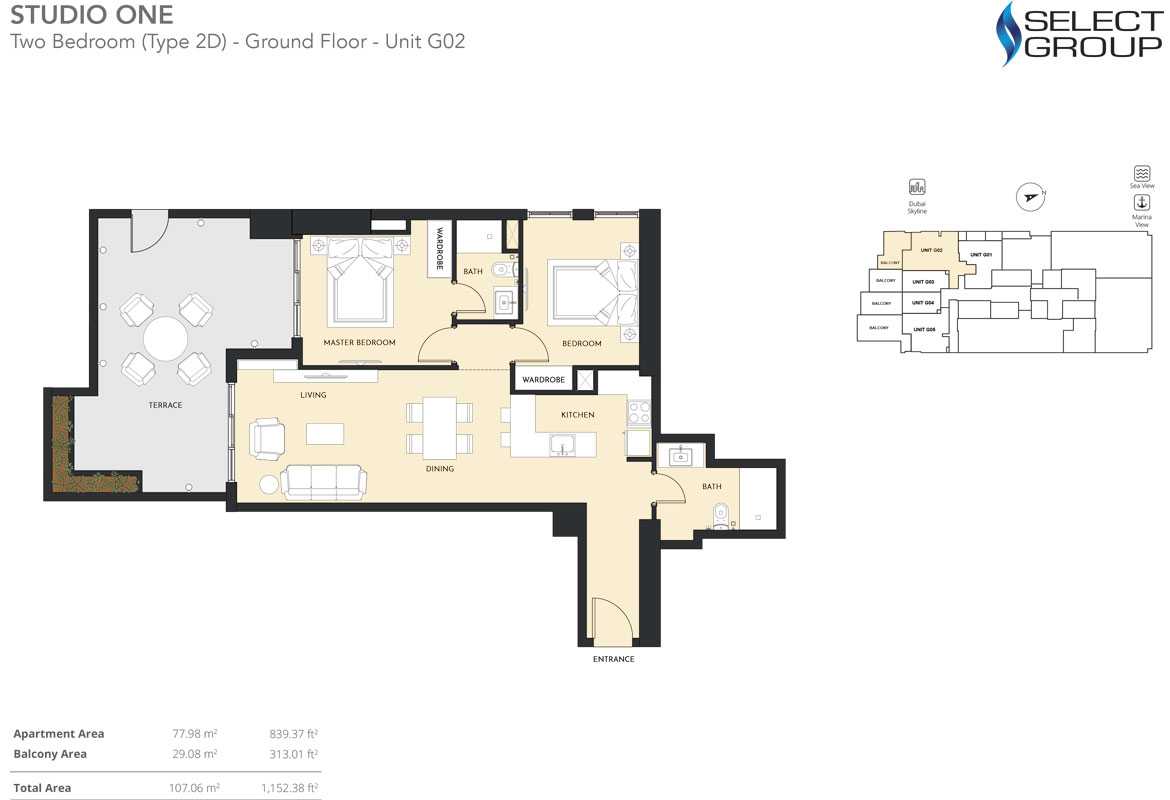 2 Bedroom, Type 2D - Ground Floor - Unit G02, Size 1152.38 sq ft